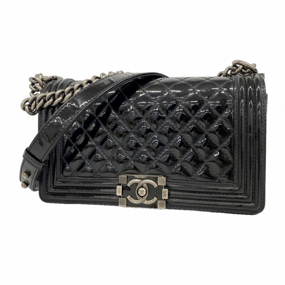 Chanel Boy Chain Shoulder Bag, Patent Leather, Black, Women's OP010138